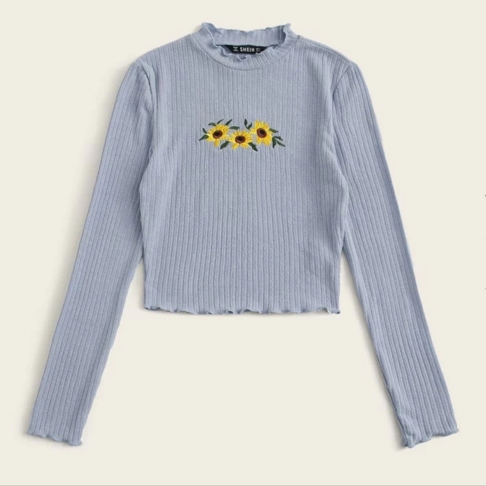 2/$20 | ROMWE | Lettuce Trim Floral Embroidery Rib-Knit Top